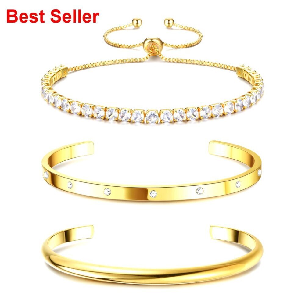 14K Gold Plated Bracelet Set with Cubic Zirconia Adjustable Cuff Bangle